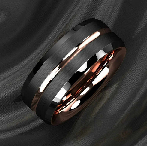 Men's 8mm Tungsten Brushed Black Rose Gold Grooved Comfort-Fit Wedding Band